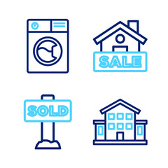 Set line House, Hanging sign with text Sold, Sale and Washer icon. Vector