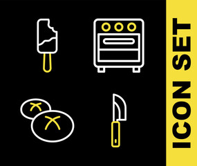 Set line Oven, Knife, Bread loaf and Ice cream icon. Vector