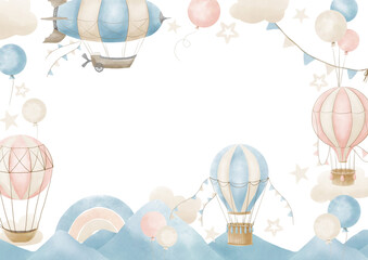 Template for Frame with hot air Balloons, clouds and rainbow. Hand drawn watercolor illustration with pastel aircrafts for greeting cards or baby shower invitations on white isolated background.