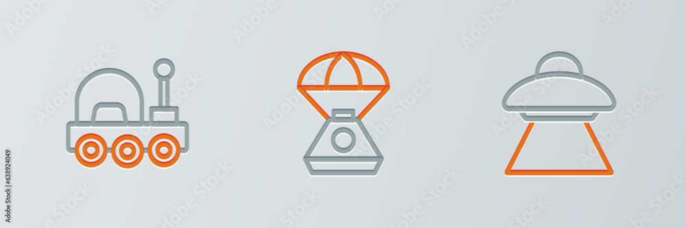 Poster set line ufo flying spaceship, mars rover and space capsule icon. vector