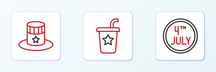 Set line Calendar with date July 4, Patriotic American top hat and Paper glass straw icon. Vector