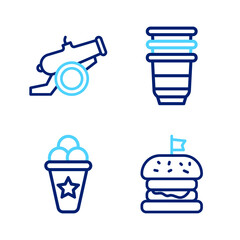 Fototapeta premium Set line Burger, Ice cream in waffle cone, Paper glass and Cannon icon. Vector