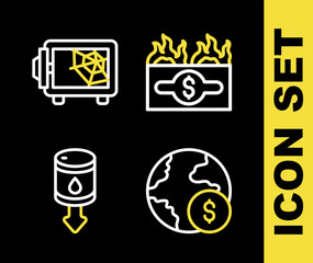 Set line Burning dollar bill, Global economic crisis, Drop crude oil price and Safe icon. Vector
