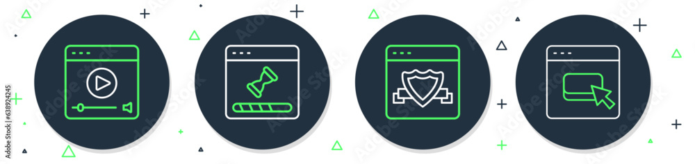 Poster set line loading data window, browser with shield, online play video and files icon. vector