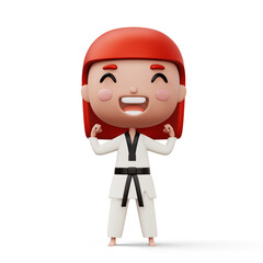 Happy child taekwondo, fighter girl wear taekwondo uniform, kid character, 3d rendering