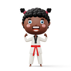 Happy child taekwondo, fighter girl wear taekwondo uniform, kid character, 3d rendering