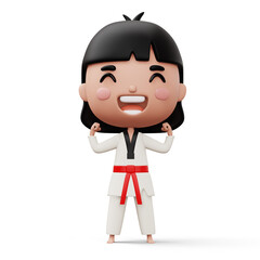 Happy child taekwondo, fighter girl wear taekwondo uniform, kid character, 3d rendering