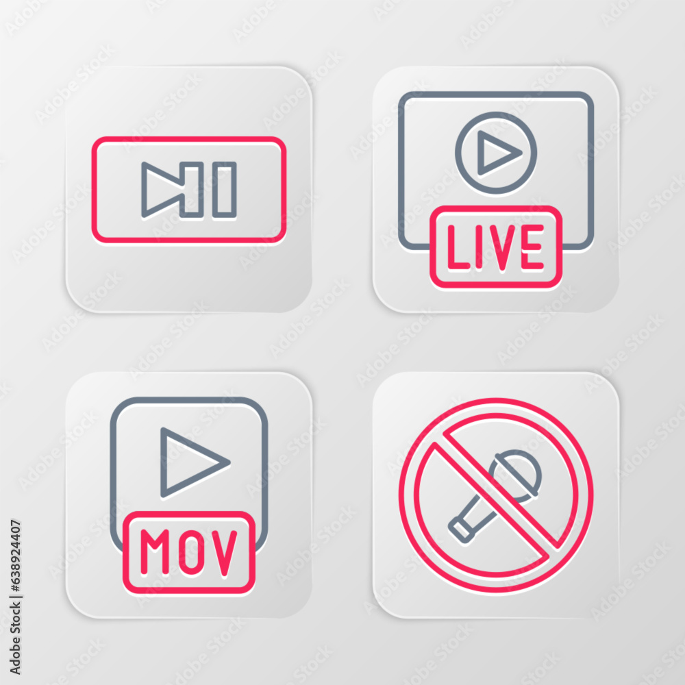Poster set line mute microphone, mov file, live stream and pause button icon. vector