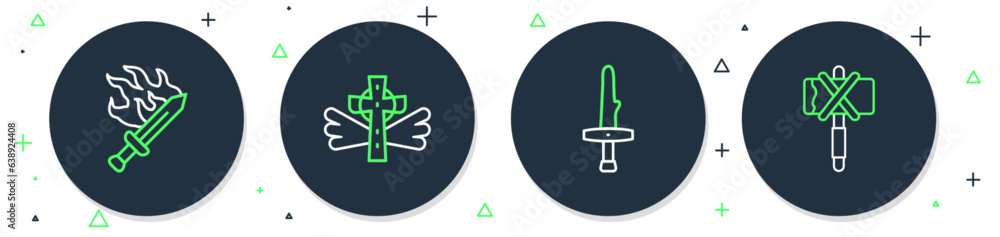 Poster set line christian cross, dagger, sword for game and medieval axe icon. vector