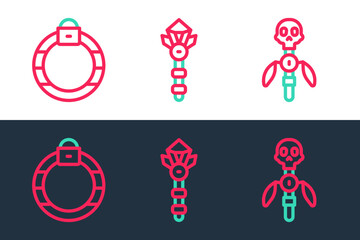 Set line Magic staff, stone ring and wand icon. Vector