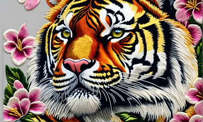 Elegant and Majestic Tiger in Embroidery Art.(Generative AI)
