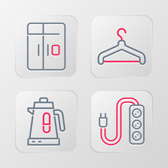 Set line Electric extension, kettle, Hanger wardrobe and Refrigerator icon. Vector