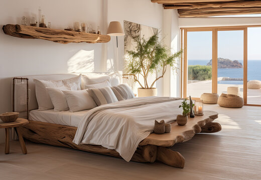 habitación de estilo ibizenco abierta, con cama de madera y cojines blancos y ropa de cama, con terraza y vistas al mar, ilustracion de ia generativa