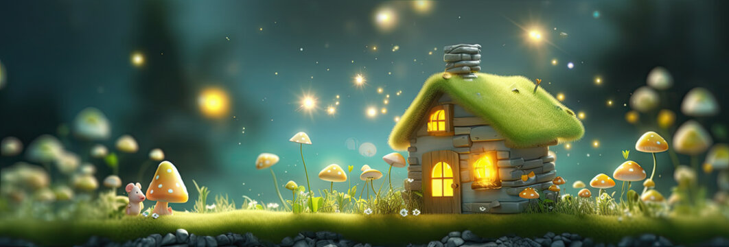 paisaje de un bosque de setas con casa en miniatura de duendes, al anochecer con luciernagas en el cielo, ilustracion de ia generativa