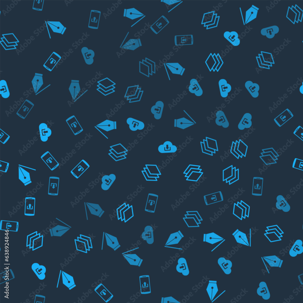 Poster set fountain pen nib, layers, cloud download and smartphone with upload on seamless pattern. vector