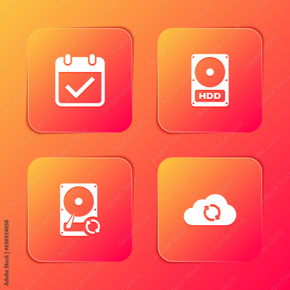 Poster set calendar with check mark, hard disk drive hdd, sync refresh and cloud icon. vector