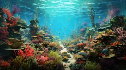 Fototapeta na wymiar Undersea with beautiful reef coral and fishes. Generative Ai
