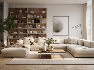 Cozy beige living room complemented by soft lighting. AI Generative.