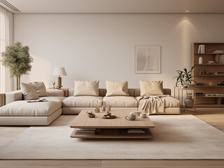 Bright beige living room interior with a relaxed feel. AI Generative.