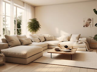 Neutral beige living room room featuring comfort. AI Generative.