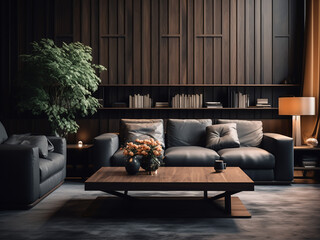 Black living room offering a contemporary retreat. AI Generative.