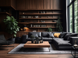 Dark black living room boasting a cozy atmosphere. AI Generative.