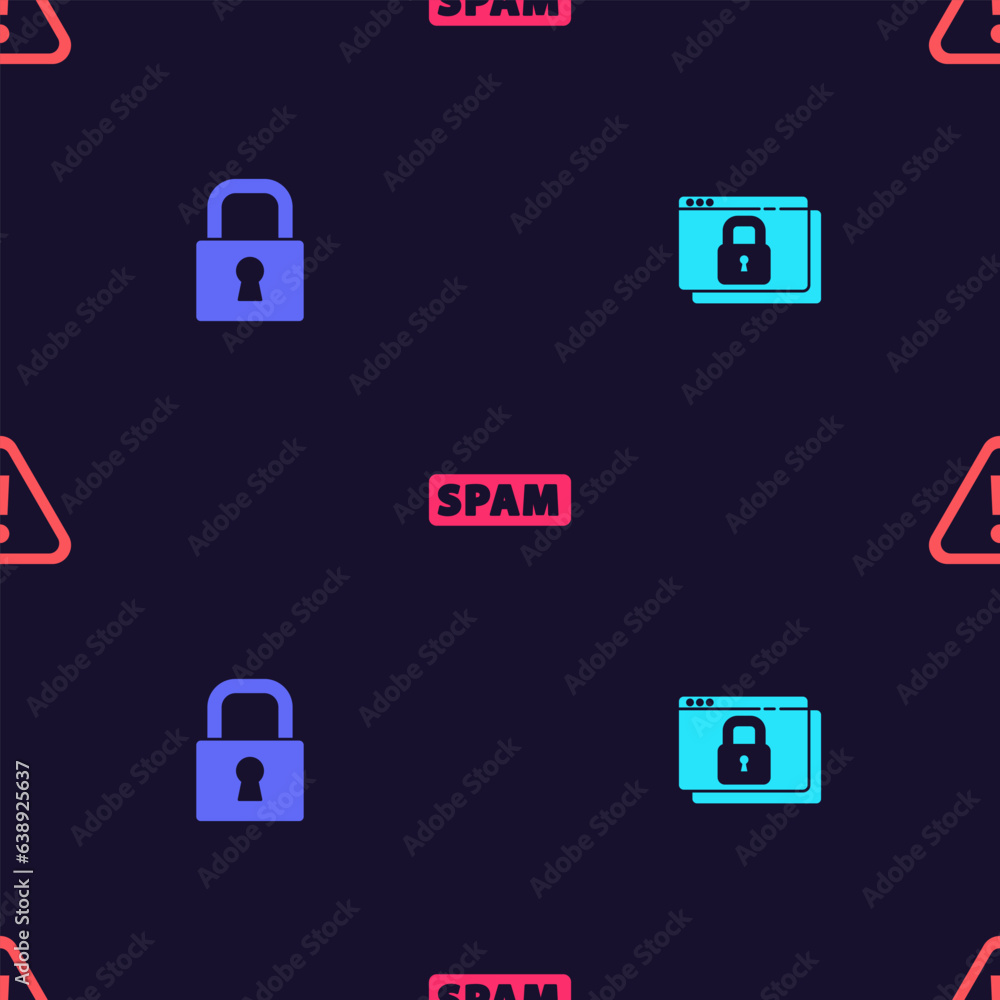 Poster set secure your site with https, ssl, lock, spam and exclamation mark in triangle on seamless patter