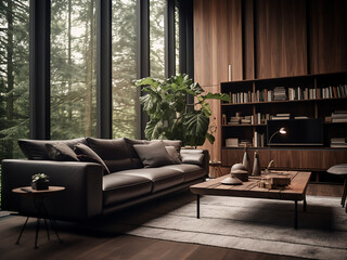Minimalist dark wood living room with clean lines. AI Generative.