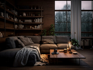 Welcoming dark wood living room with comfort. AI Generative.