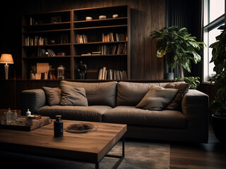 Cozy dark wood living room complemented by soft lighting. AI Generative.