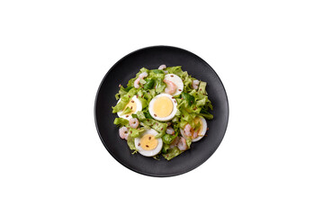 Delicious fresh healthy salad with shrimp, egg, lettuce and flax seeds