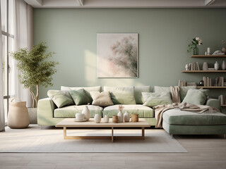 Fototapeta premium Serene green living room exuding natural beauty. AI Generative.