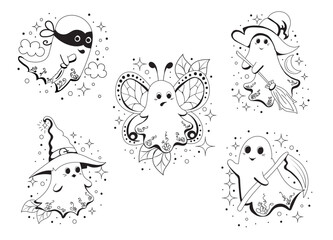 Set of hand drawn cartoon cute ghosts for Halloween. Black and white drawing for coloring book doodle style. Isolated design element on white background. Vector illustration. 