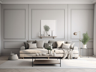 Elegant grey living room featuring soft tones. AI Generative.