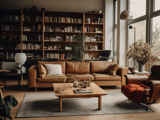 Cozy high-tech living room interior with advanced decor. AI Generative.