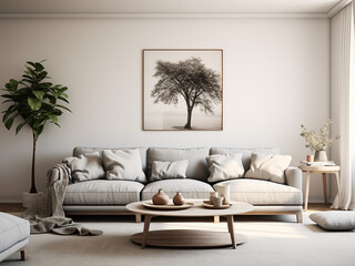 Grey living room with tasteful accents. AI Generative.