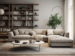 Modern grey living room with a fresh feel. AI Generative.