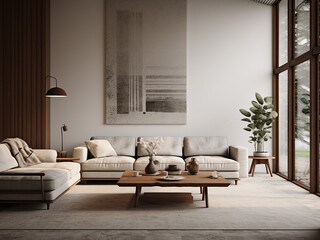 Fototapeta na wymiar Chic minimalism living room with functional design. AI Generative.