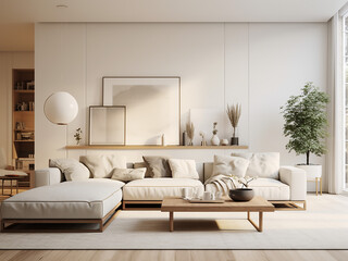 Bright white living room with minimalist design. AI Generative.