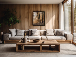 Warm wood living room with natural design. AI Generative.