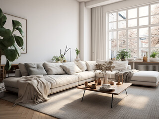 Bright white living room boasting a calm atmosphere. AI Generative.