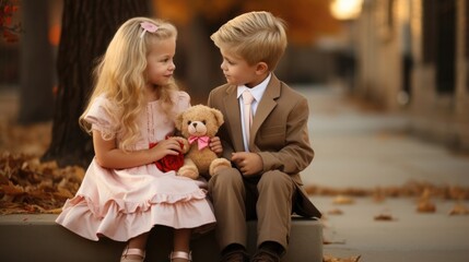 A couple of adorable kids. A boy and a girl are talking while sitting on the street. First love. Valentine's day greeting card