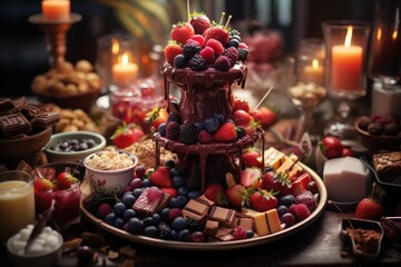 A close-up of a chocolate fondue fountain surrounded by an assortment of dippable treats. Generative AI