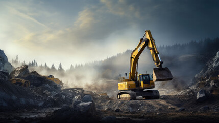 A large construction back hoe vehicle on a large rock pile with another construction vehicle working in the background. Sky is hazy to indicate dust and an active work site. - obrazy, fototapety, plakaty