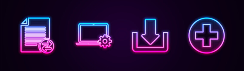 Set line Transfer files, Laptop and gear, Download and Medical cross in circle. Glowing neon icon. Vector