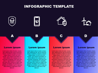 Set line House under protection, Mobile with heart rate, and wind turbine. Business infographic template. Vector