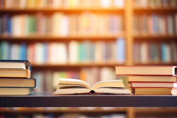 Fototapeta premium Academic Ambiance: Book Stack in Library