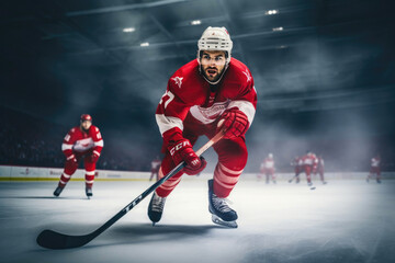 Hockey Player Shooting Puck Up Close