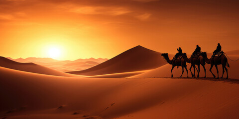 Camel caravan silhouette through the sand dunes in the Sahara Desert, Morocco.