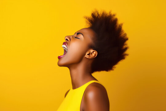 Black Female in Anguish Standing on Vibrant Yellow